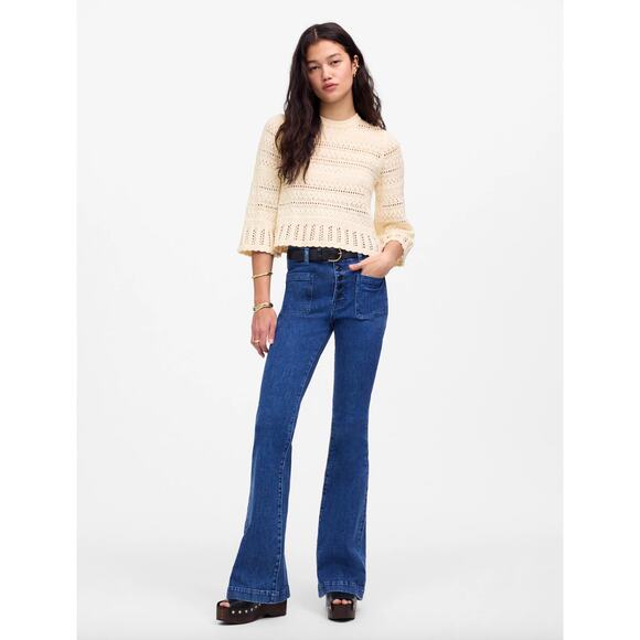 Madewell Scalloped Trim Sweater Tee 3/4 Sleeve Boho Cotton Blend Sand Small NWT - Picture 2 of 13